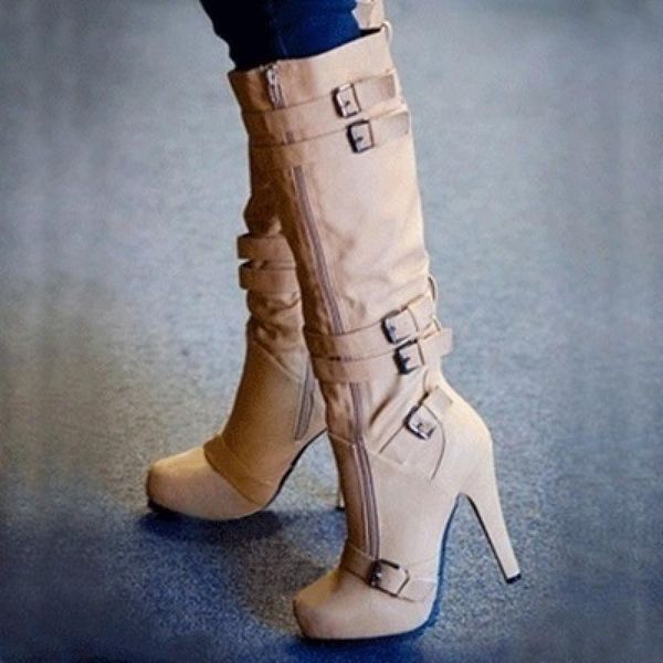 

boots women high heel 2021boots winter buckle strap zipper knee length females casual ladies over the, Black