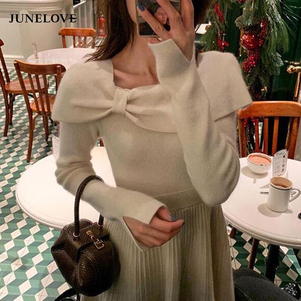 

casual dresses junelove lady bow slash neck long sleeve dress vintage 2021 women winter elegant sweater female knitted party vestidos, Black;gray
