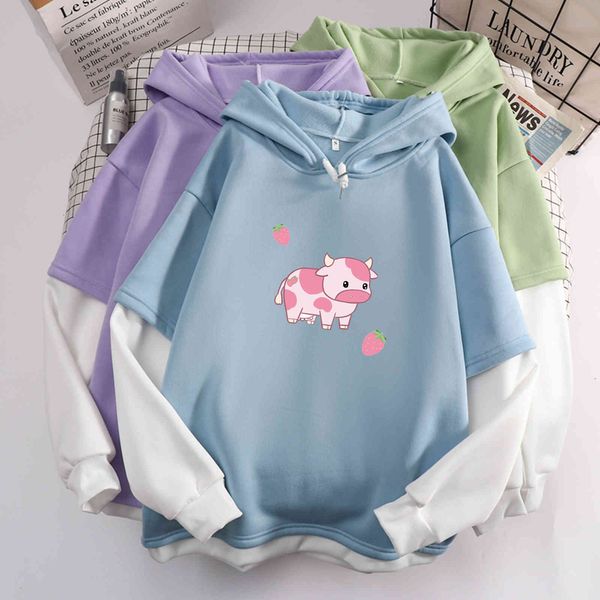 

women hoodie cute hoodies patchwork pullover kawaii strawberry cow print korean style sweatshirt casual fashion color block hooded, Black