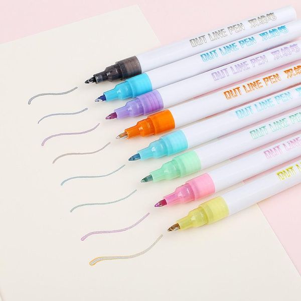 

highlighters ly 8 colors/set gift card writing drawing pens double line outline pen stationery pencils school supplie, Black;red