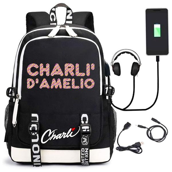 

backpack charli d'amelio lapwith usb adapter plug teenage student schoolbag