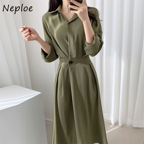 

single button pleated slim waist dresses autumn elegant simple dress solid color turn-down collar femme vestidos 210422, Black;gray