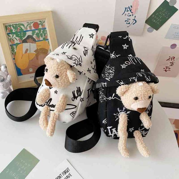 

2021 canvas messenger new cartoon bear chest women's cute one shoulder waist bag