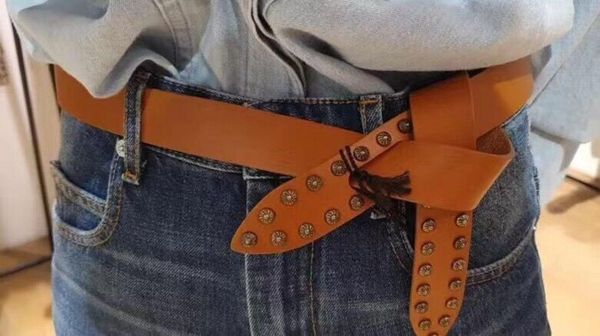 

women's decor brown retro sheepskin leather fashion rivet belt versatile pure cattle without buckle belts, Black;brown