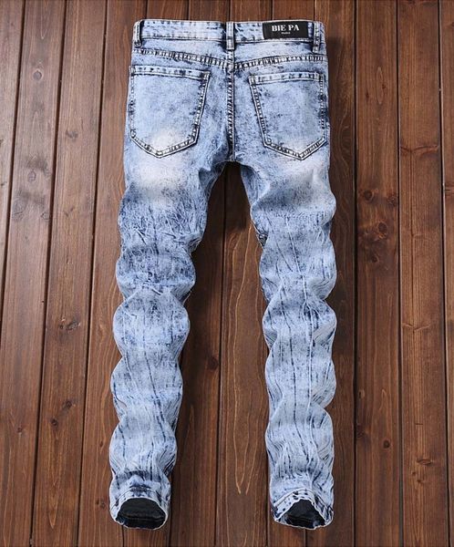 

men jeans casual biker denim more zipper slim skinny elastic fashionable pencil pants, Blue