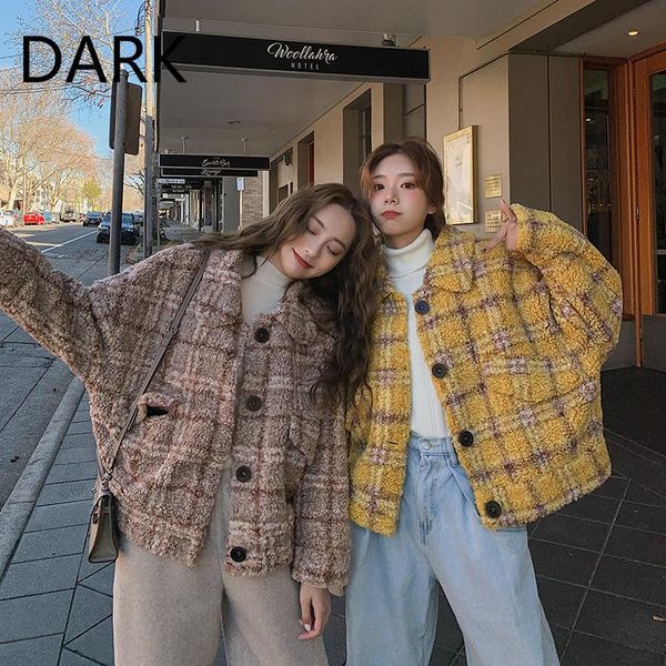 

[dark] net red lamb wool coat women 2021 winter korean version of all-match retro casual plaid woolen women's jackets, Black;brown
