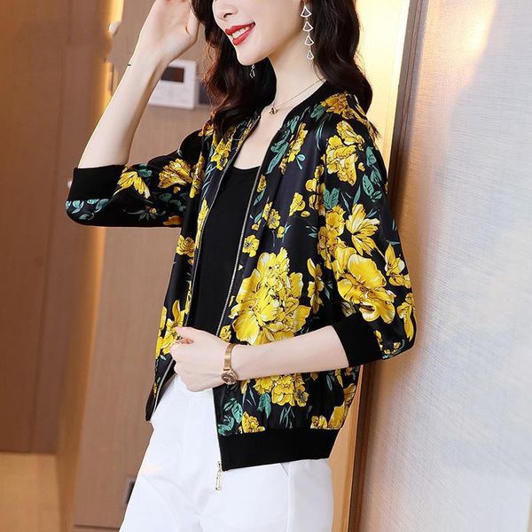 

women's jackets baseball uniform printed long sleeve bomber jacket spring/summer 2021 casual loose sunscreen clothes, Black;brown