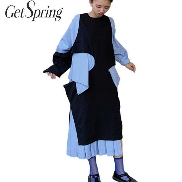 

getspring women dress patchwork long sleeve dresses retro irregular ladies temperament fake two spring 210601, Black;gray