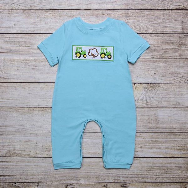 

jumpsuits summer clothes boy blue short sleeve green tractor white cotton embroidery pattern toddler romper