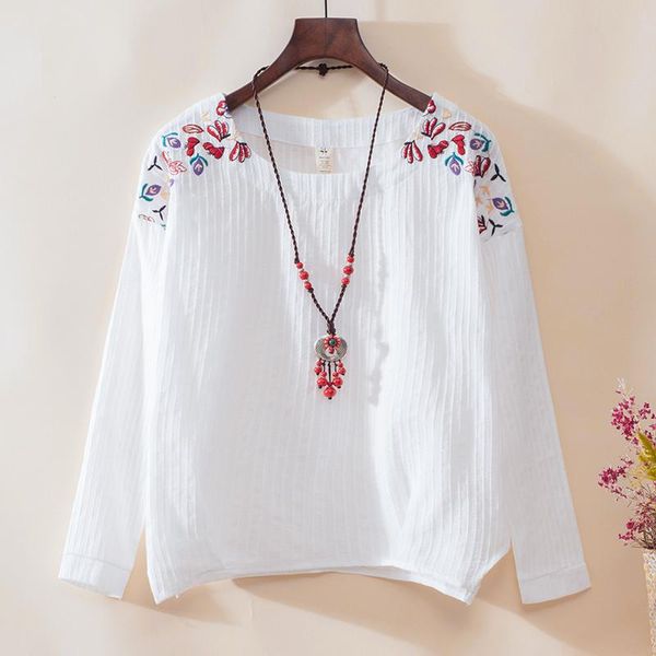 

chic floral embroidery vintage cotton linen womens and blouses 2021 summer blusas plus size long sleeves shirt women blouse women's &, White