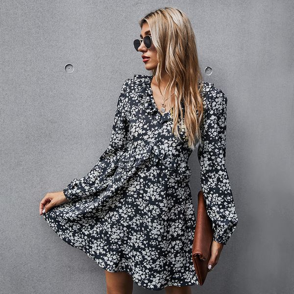 

women's autumn french short skirt v-neck waist pullover printed floral, Black;gray