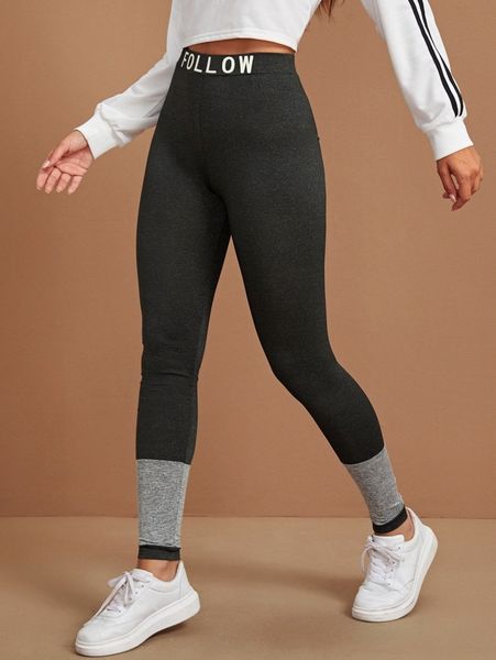 

letter graphic waist colorblock leggings m2it#, Black