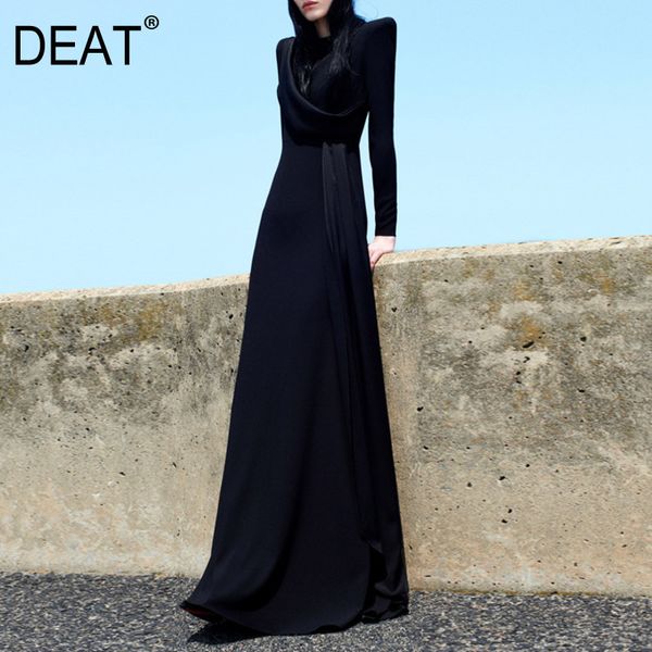 

[deat] spring summer new fashion tide round neck high waist floor-length long sleeve solid color loose elegant dress 13q062 210430, Black;gray