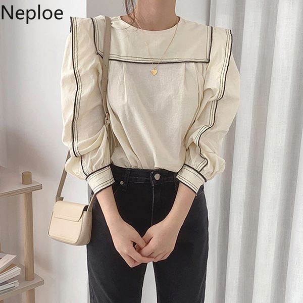 

neploe spring women blouses korean sweet lantern long-sleeve sailor collar shirts vintage contrast color patchwork blusas 210422, White