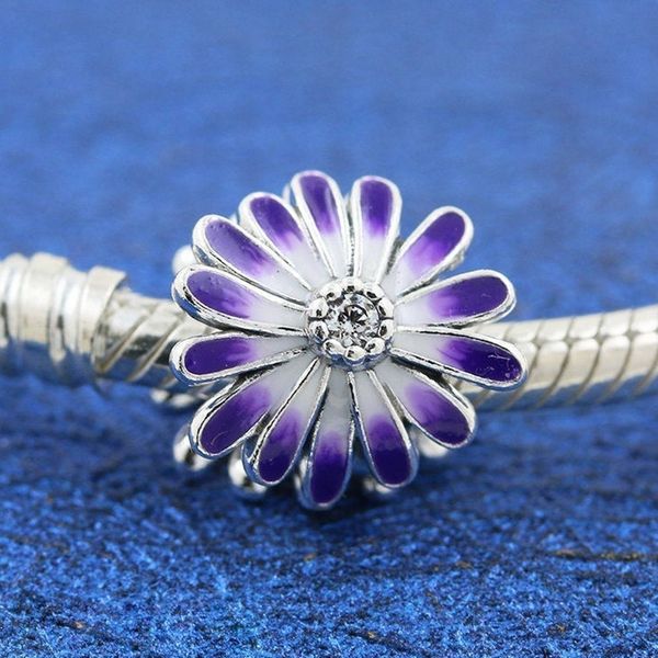 

925 sterling silver purple daisy charm bead fits european pandora style jewelry bracelets, Black