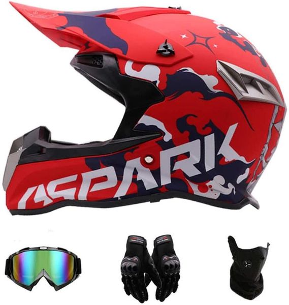 

motorcycle helmets motocross helmet (4 piece set), open face helmet, goggles, youth protective red,s