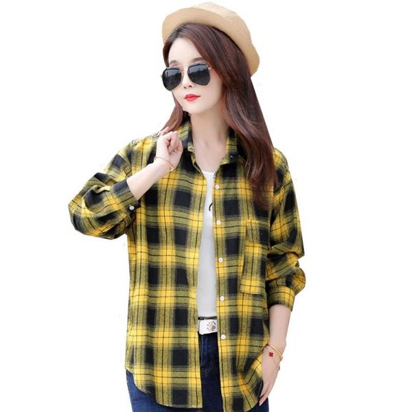 

fashion women plaid shirt chic checked blouse long sleeve female casual shirts loose cotton blusas plus size -xxl women's blouses, White