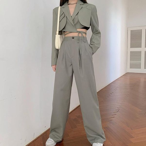 

women's two piece pants korean summer set women crop lace-up blazer coat + high waist suit sets autumn streetwear 2, White