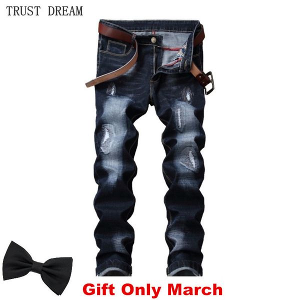 

classic men jeans distressed slim scratched patchwork casual denim pant streetwear male trousers hombre homme amazing clothing 210330, Blue