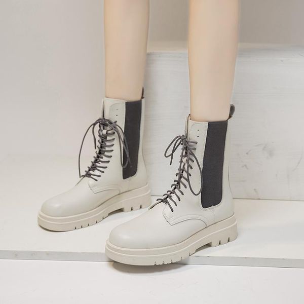 

boots platform ankle women shoes chunky lace up thick sole short black beige botines mujer 2021