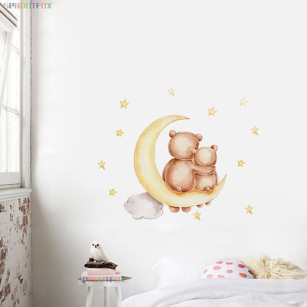 

wall stickers baby room littler bear with mother kids moon stars nursery decoration for children rooms nordic