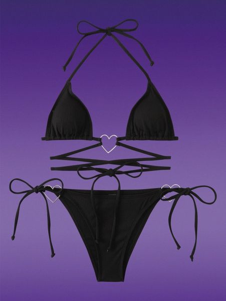 

romwe gemini heart ring linked triangle bikini swimsuit b2mg#, White;black