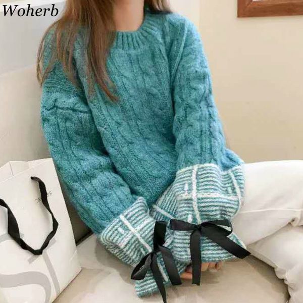 

winter vintage knitted sweater women casual loose thick pullovers contrasrt color bow bandage sleeve korean chic jumper 210417, White;black