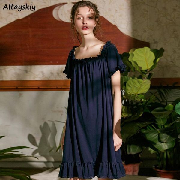 

women's sleepwear nightgowns women solid knee-length square collar short sleeve summer home simple bow student korean style feminino sl, Black;red