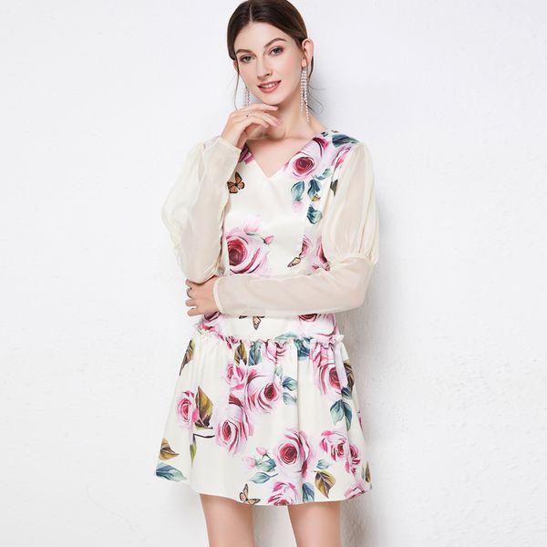 

women's runway dresses v neck long sleeves floral printed elegant fashion short dress vestidos, Black