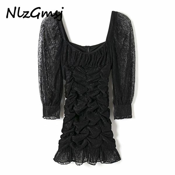 

dres summer spring fashion lace folds vintage mini dresses female vestidos de fiesta noche vestido 210628, Black;gray