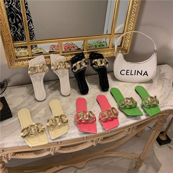 

fashion women slippers metal chain open toe transparent slides party pumps flats heeled casual flip flops mules shoes woman 39, Black