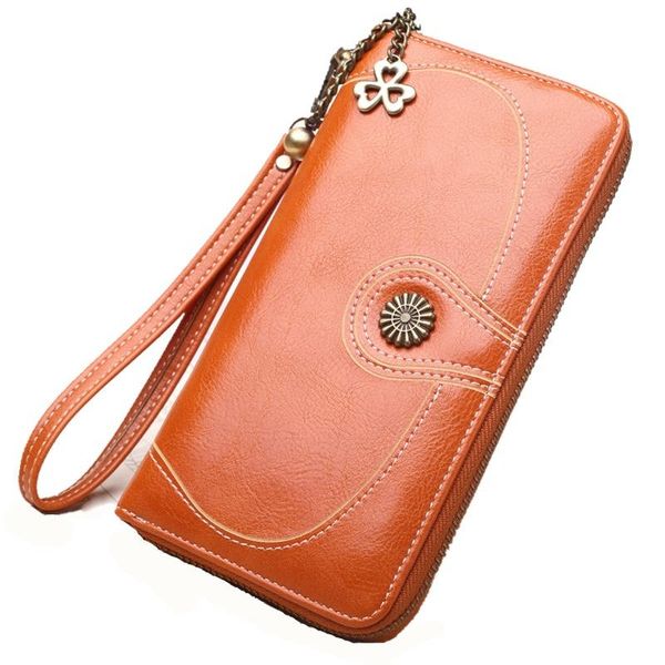 

wallets 2021 oil wax leather wallet long zipper clutch bag ladies mobile phone big money clip, Red;black