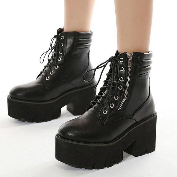 

boots demonia autumn ankle for women motorcycle chunky heels casual lacing round toe platform shoes female, Black