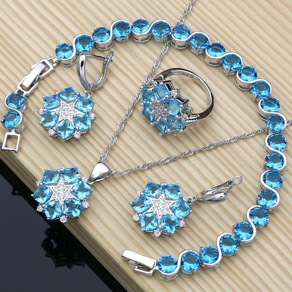 

wedding jewelry sets sky blue cubic zirconia 925 sterling silver decorations for women earrings fashion 4pcs party gift her, Slivery;golden