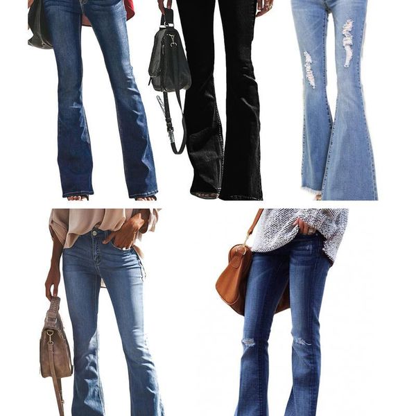 

women's jeans stretchy medium rise bell bottom fare denim casual trousers elegant, Blue