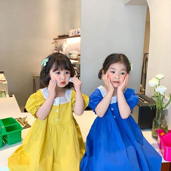 

summer girl korean lace collar dresses solid short sleeve clothes, Red;yellow