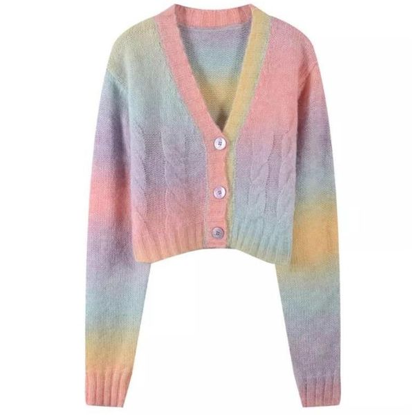 

women's knits & tees women autumn rainbow gradient sweater cardigan long sleeve v-neck button down knitwear coat harajuku loose crop to, White