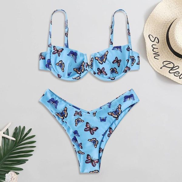 

high cut 2pcs bikinis set women swimwear butterfly print pushed up paded bathing suit brazilian swimsuit 2021 femme biquini women's, White;black