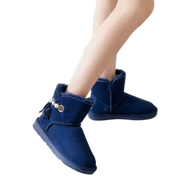 

boots women's flat bottom anti slip warm low short leather plush cotton shoes winter fur one pearl pendant snow, Black