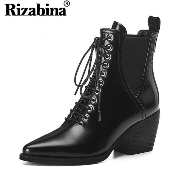 

boots rizabina lady chunky heels ankle real leather winter pointed toe office brand cross strap short footwear size 33-42 w27c, Black