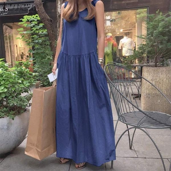 

casual dresses women summer sundress fashion denim blue maxi dress 2022 sleeveless tank ol vestidos female pleated robe, Black;gray