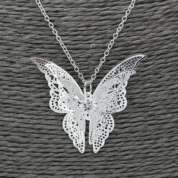

elegant women hollow out butterfly pendant necklace silver plated long chain necklaces collier sautoir fashion jewelry gift, Golden;silver