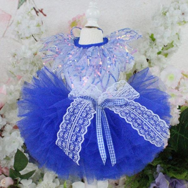 

pet dog dress handmade blue puppy sequin multi-layer yarn clothes princess wedding for small dogs art po chihuahua apparel