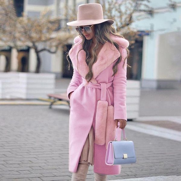 

women's wool & blends winter warm women long coats flannel turn-down collar with belts overcoat pocket solid female outerwear i1ds, Black