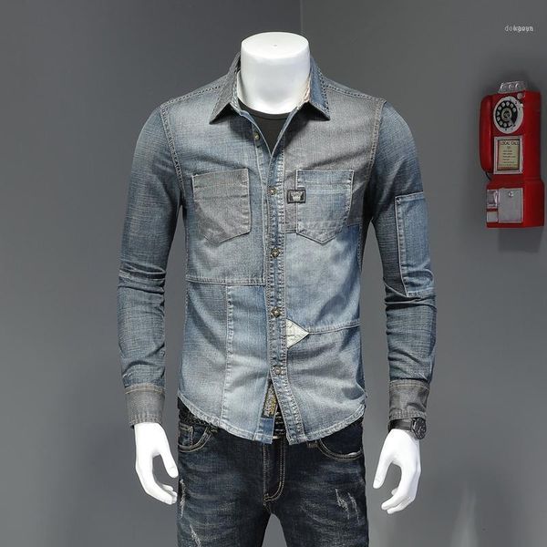 

long sleeve denim shirt men casual social slim fit cotton shirts1, White;black