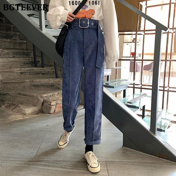 

women's pants & capris bgteever high waist wide-legged corduroy 2021 winter straight-leg female casual loose belted women trousers, Black;white