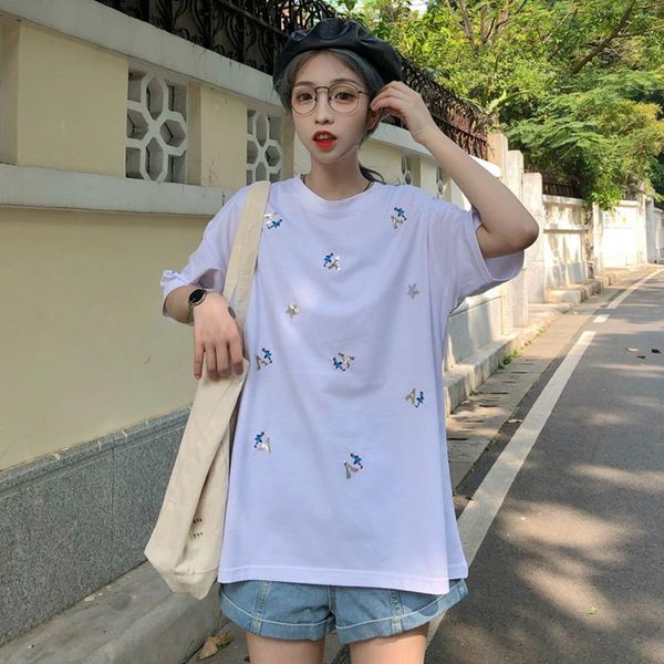 

women's t-shirt 2021 summer embroidery short sleeve loose fashion casual tee shirt female clothes, White