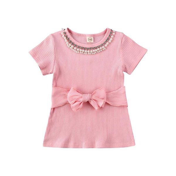 

baby & children's 6m-4t infant kids girl pearl dress solid short sleeve ribbed mini dresses shift gown with sash girl's, Red;yellow