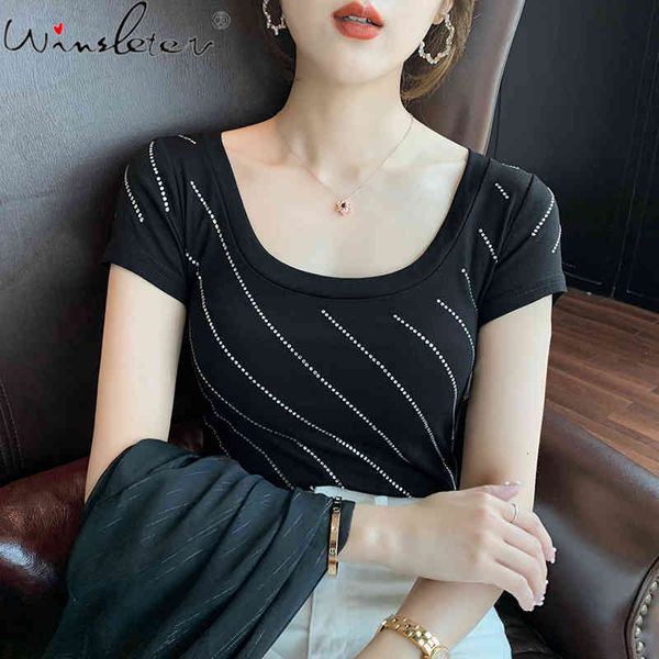

women's t-shirt summer european clothes cotton chic o-neck shiny diamonds women bottoming shirt all match tees 2021 t145, White