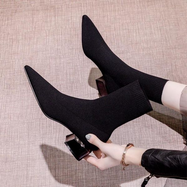 

boots fashion ankle elastic sock chunky high heels stretch women autumn booties pointed toe pump zapatos de mujer, Black